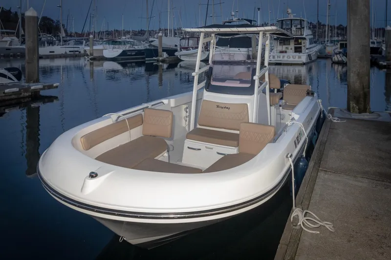 Slide: The Image of 2022 Bayliner Trophy T22CC boat docked in a marina, featuring spacious seating and sleek design. - 14