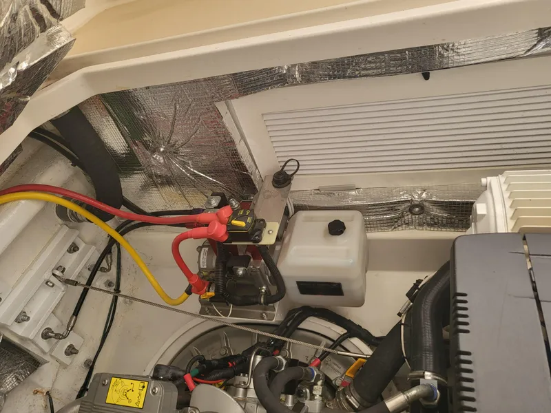 Slide: The Image of Engine compartment of 2013 MJM 40z Downeast boat with wiring and components. - 30