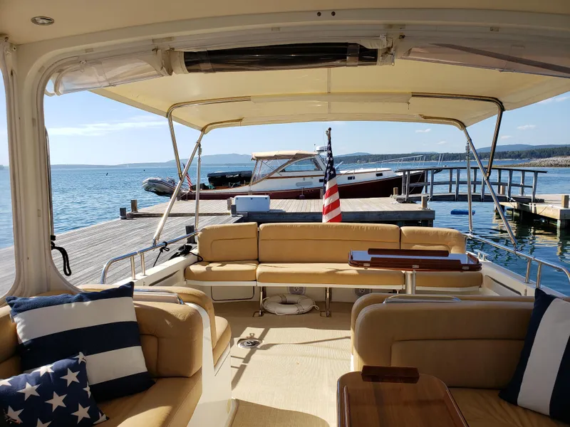 Slide: The Image of Interior view of 2013 MJM 40z Downeast yacht with dock and ocean backdrop. - 31