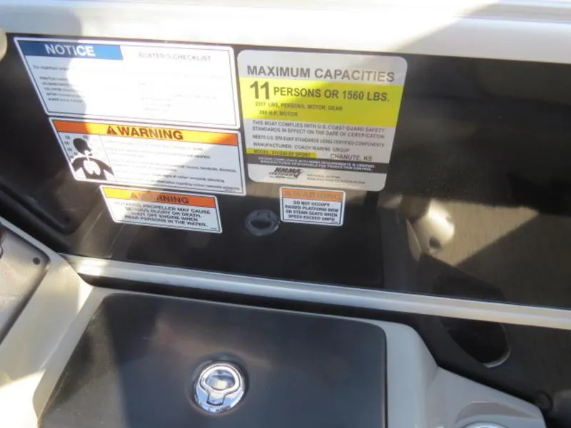 Slide: The Image of 2023 Coach Pontoons 243 RFC capacity and safety warning labels - 12