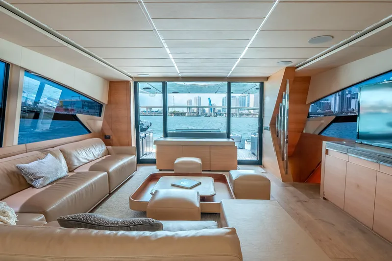 Slide: The Image of Luxurious interior of 2012 Pershing 92 yacht with panoramic windows and modern furnishings. - 39