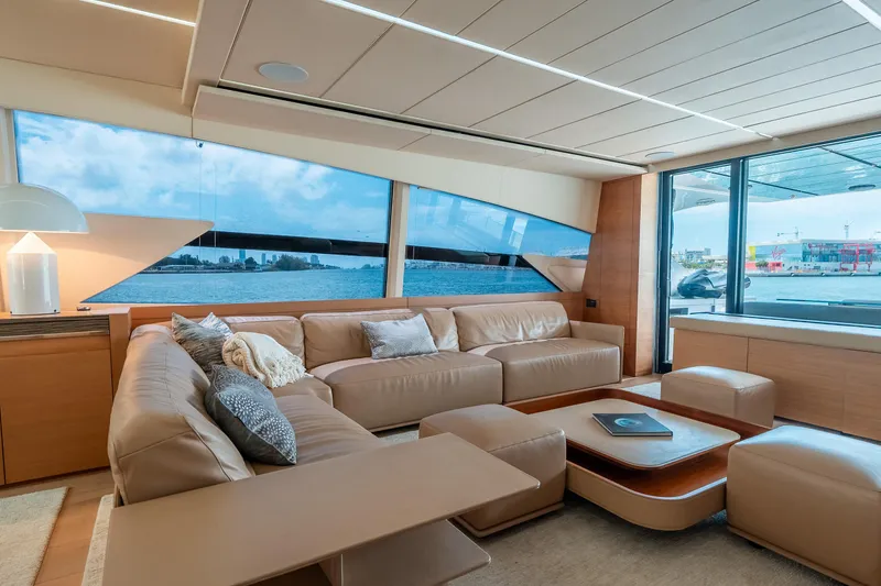 Slide: The Image of Luxurious interior of a 2012 Pershing 92 yacht with panoramic windows and modern furnishings. - 40