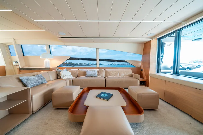 Slide: The Image of Luxurious interior of 2012 Pershing 92 yacht with panoramic windows and modern furnishings. - 41