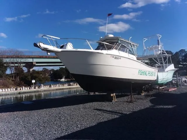 The Image of 1999 Shamrock 290 Walkaround boat named Fishing Fever on dry dock. - 0
