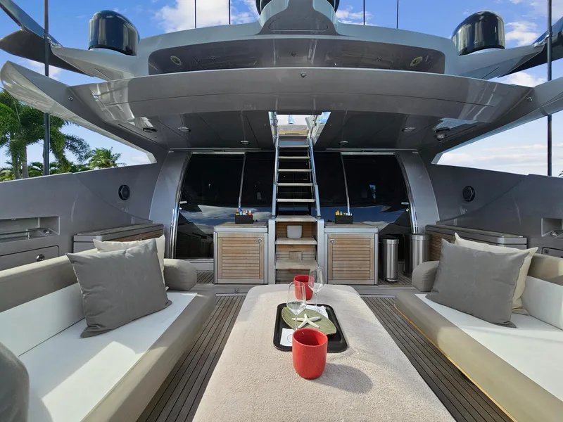 Slide: The Image of Luxurious deck of 2008 Palmer Johnson 120 Sports Cruiser with modern seating and decor. - 23