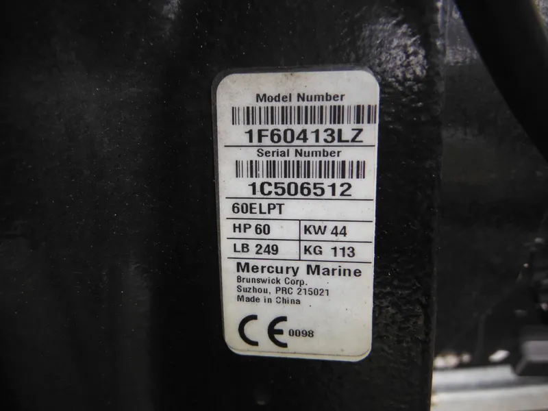 Slide: The Image of 2018 Lund 1625 Fury XL SS Mercury Marine engine label with model and serial numbers. - 20