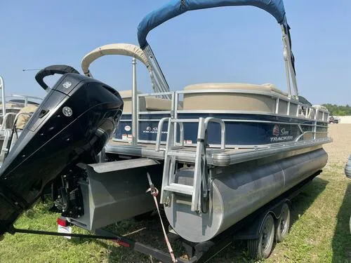 Slide: The Image of 2019 Sun Tracker Party Barge 22 XP3 pontoon boat with outboard motor on trailer. - 4