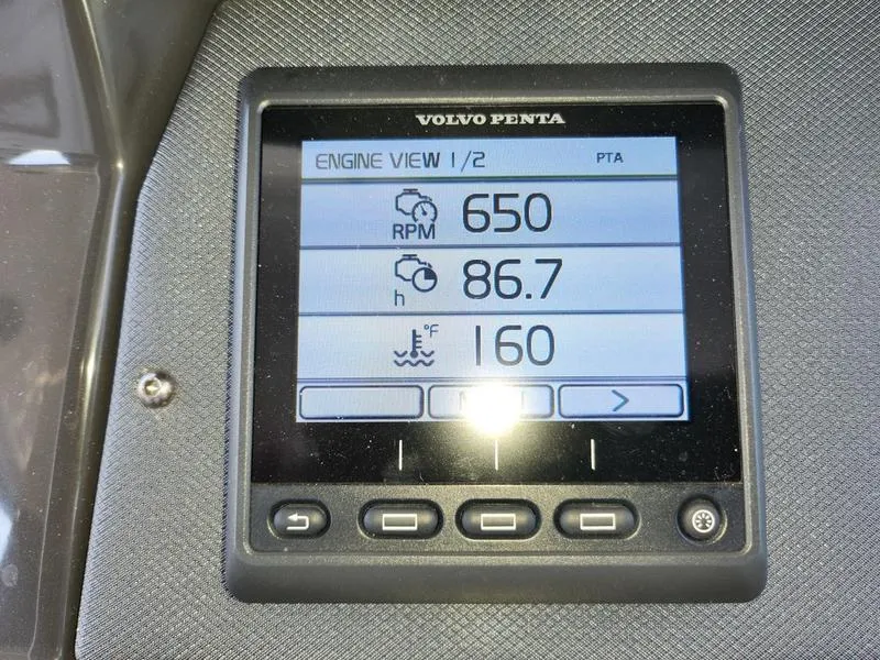 Slide: The Image of Volvo Penta engine display on 2019 Monterey 335SY, showing RPM, hours, and temperature. - 20