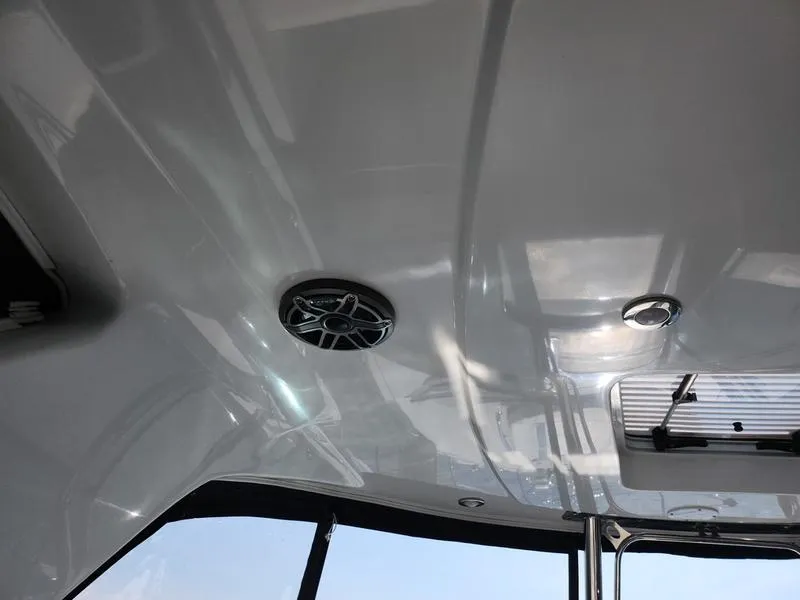 Slide: The Image of Interior ceiling of 2019 Monterey 335SY boat with speaker and lighting fixtures. - 42