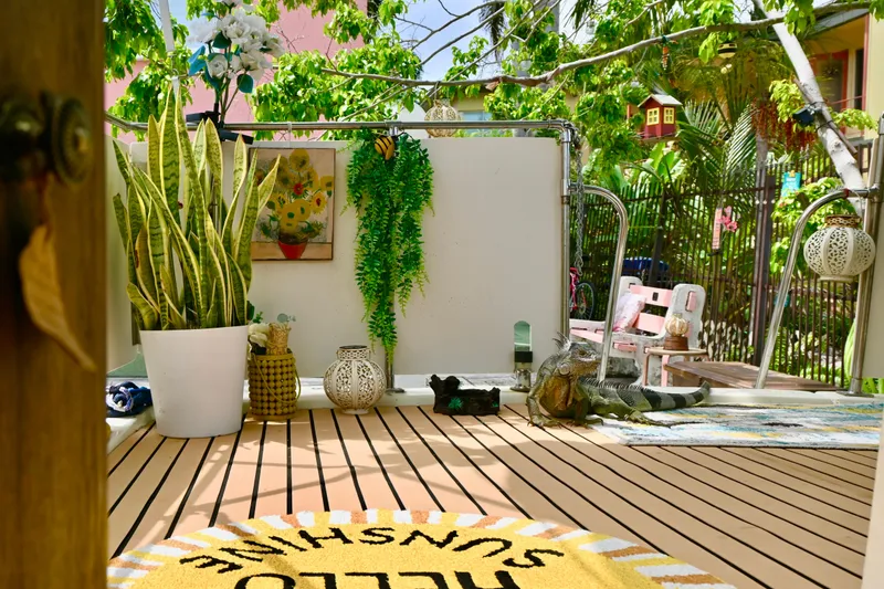 Slide: The Image of Outdoor deck with plants and decor on a 1979 Uniflite Double Cabin boat. - 8