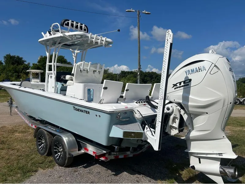 Slide: The Image of 2025 Tidewater 2700 Carolina Bay boat with Yamaha XTO Offshore engine on trailer. - 12