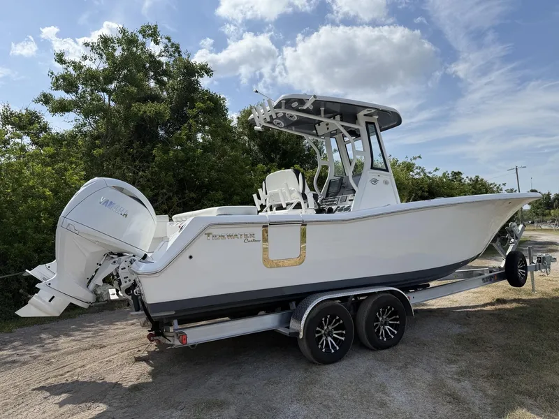 Slide: The Image of 2024 Tidewater 256 LXF boat on trailer, featuring Yamaha outboard motor, parked outdoors. - 4