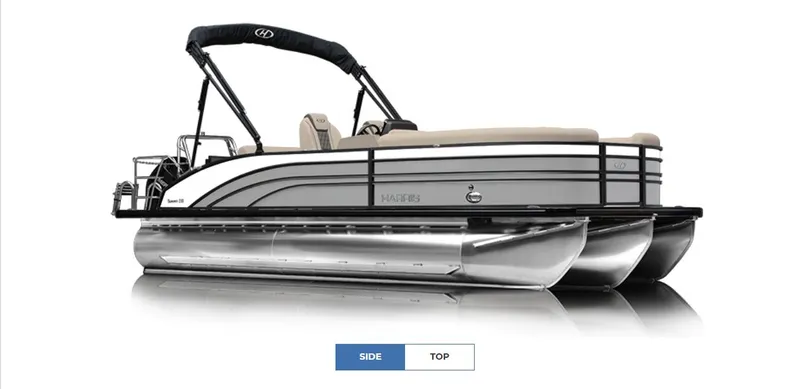Slide: The Image of 2025 Harris Sunliner 230 pontoon boat, side view, sleek design, black and white color scheme. - 1