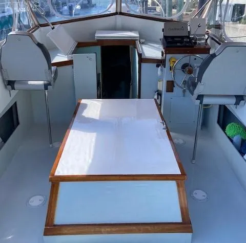 Slide: The Image of Interior of a 1968 Dyer 29 Bass Boat with helm station. - 13