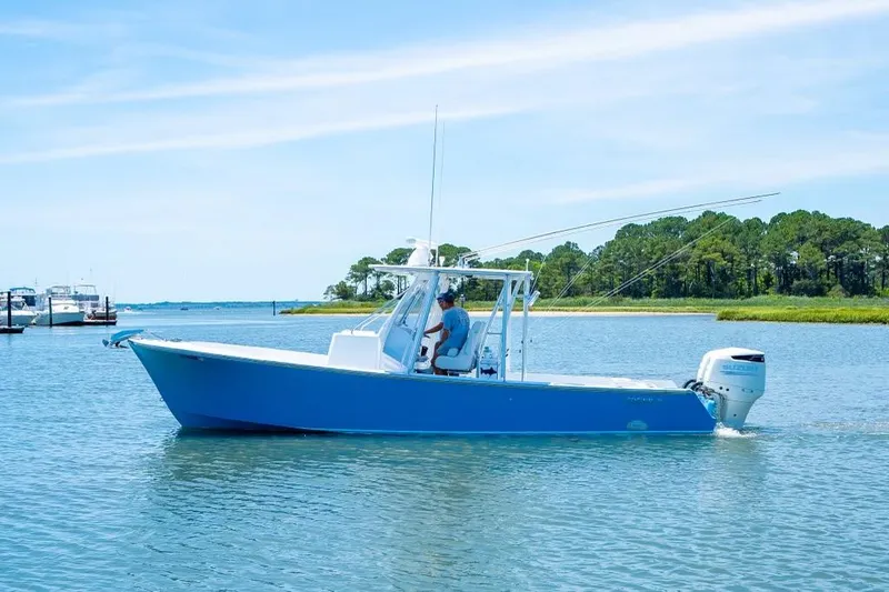 Slide: The Image of Custom 31 2020 model boat cruising on a calm lake with scenic background. - 14