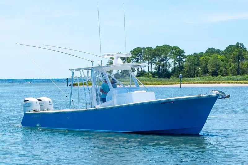 Slide: The Image of Custom 31 boat, 2020 model, cruising on a calm lake with a forested shoreline. - 15