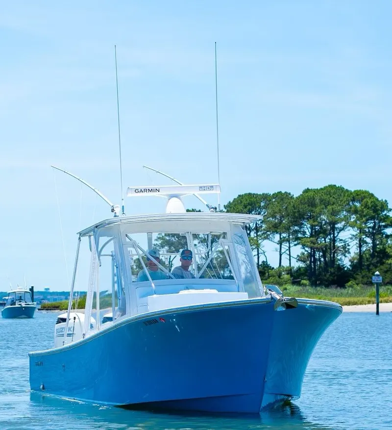 Slide: The Image of Custom 31 2020 model boat cruising on a sunny day near the shore. - 3