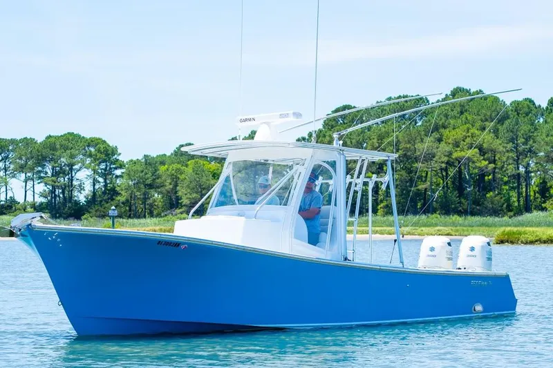 Slide: The Image of Custom 31 2020 model blue boat on calm water with trees in the background. - 4