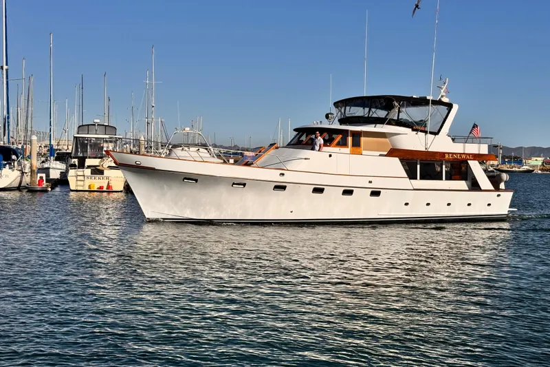 Slide: The Image of 1976 Nordlund 60 Motoryacht cruising in a marina, surrounded by other boats. - 75