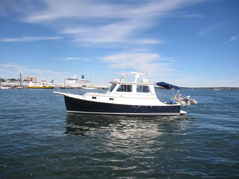 Slide: The Image of 1990 Blue Seas 31 Hardtop Cruiser on calm water under a clear blue sky. - 2