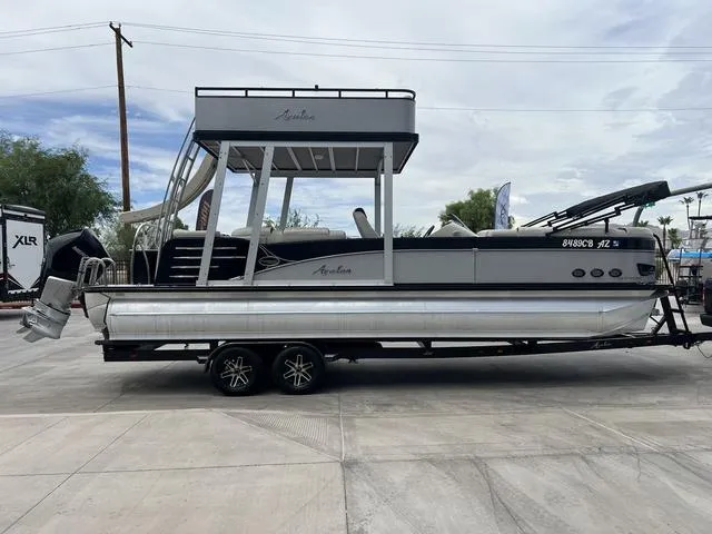 Slide: The Image of 2018 Avalon Catalina Funship 27' pontoon boat on a trailer. - 4