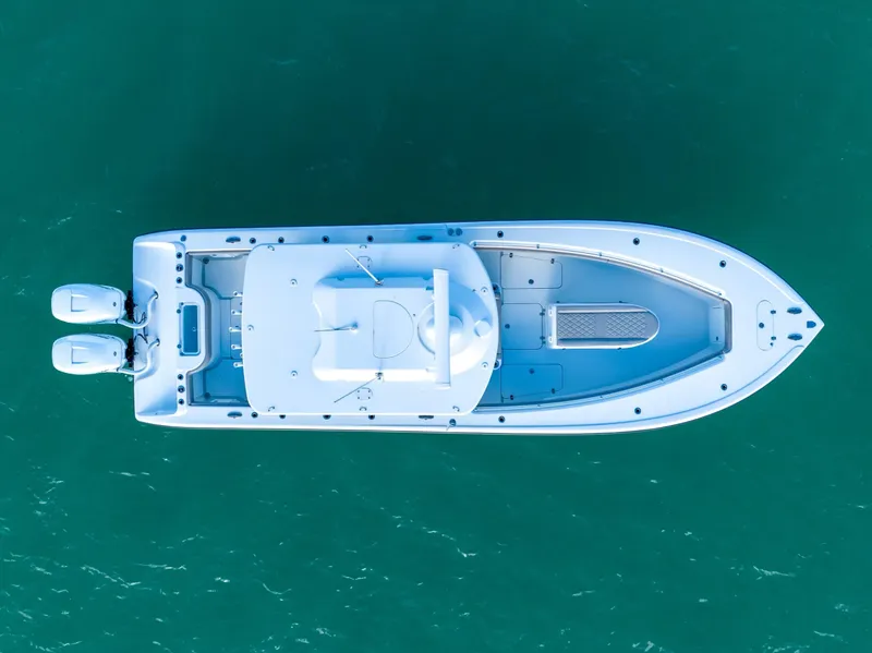 Slide: The Image of Aerial view of 2025 Yellowfin 32 boat on water. - 11