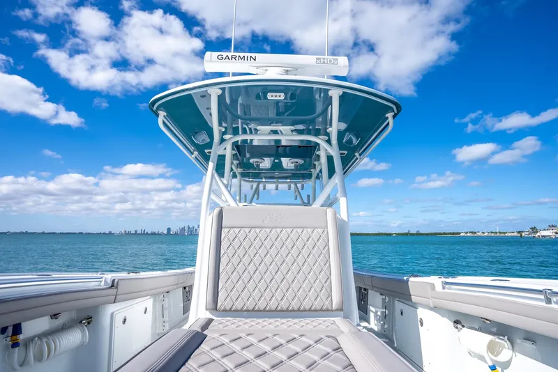 Slide: The Image of 2025 Yellowfin 32 boat with Garmin equipment on a sunny day. - 27