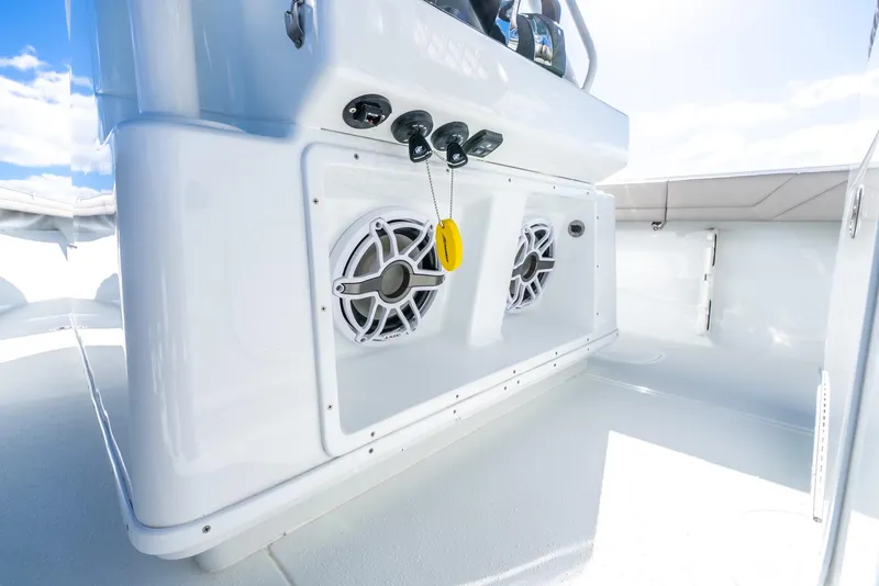 Slide: The Image of 2025 Yellowfin 32 boat interior with speakers and control panel. - 36