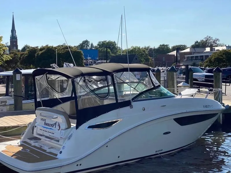 Slide: The Image of 2018 Sea Ray Sundancer 260 docked at a marina with a scenic background. - 40