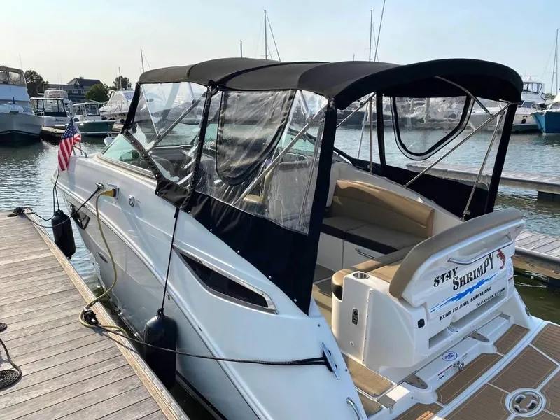 Slide: The Image of 2018 Sea Ray Sundancer 260 docked at marina with canopy and American flag. - 7