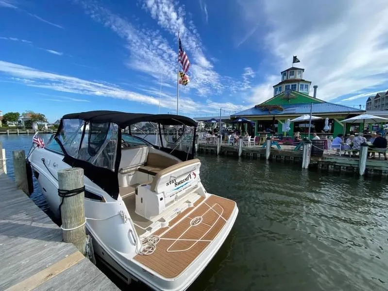 Slide: The Image of 2018 Sea Ray Sundancer 260 docked near waterfront restaurant under blue sky. - 9