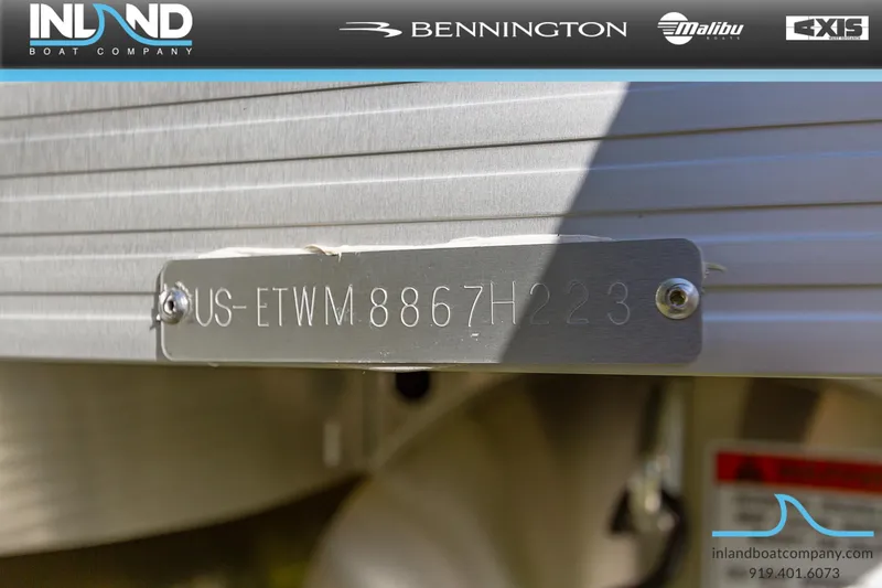 Slide: The Image of 2023 Bennington 22 SL boat hull identification number (HIN) plate from Inland Boat Company. - 23