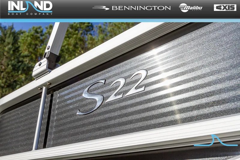 Slide: The Image of 2023 Bennington 22 SL boat close-up with S22 logo. - 7