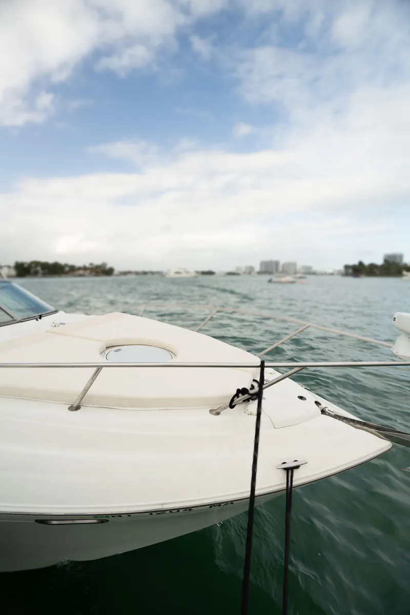 Slide: The Image of 2004 Four Winns Vista boat on calm waters with city skyline in background. - 22