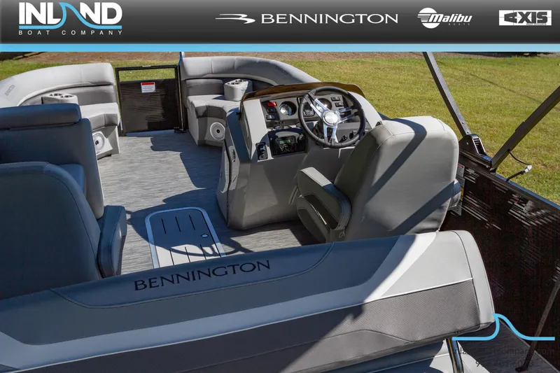 Slide: The Image of 2023 Bennington 22 SXSB pontoon boat interior with helm and seating. - 22