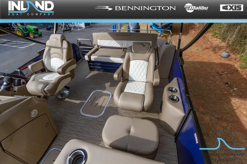 Slide: The Image of 2023 Bennington 23 LTSB pontoon boat interior with luxurious seating and modern design. - 13