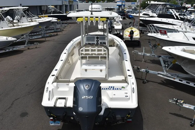 Slide: The Image of 2022 Key West 239FS boat with 250 horsepower engine, displayed among other boats. - 8