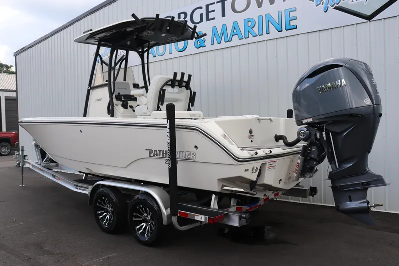 Slide: The Image of 2024 Pathfinder 2400 Open boat with Yamaha outboard motor on trailer. - 3