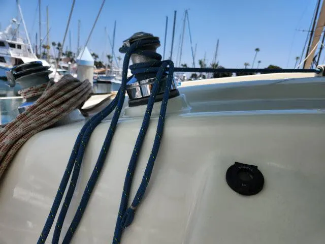 Slide: The Image of Close-up of Ocean Cat 49 sailboat winches and ropes in marina, 2000 model. - 15