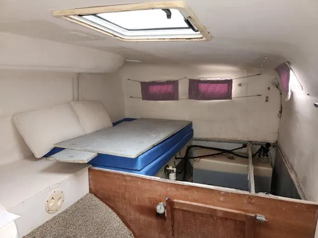 Slide: The Image of Interior cabin of a 2000 Ocean Cat 49 boat with skylight and purple curtains. - 48