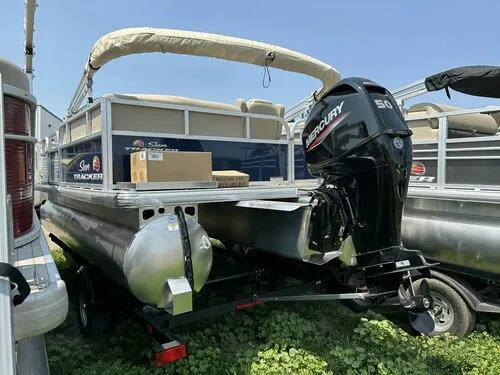 Slide: The Image of 2025 Sun Tracker Bass Buggy 16 XL Select pontoon boat with Mercury 50 HP engine. - 3