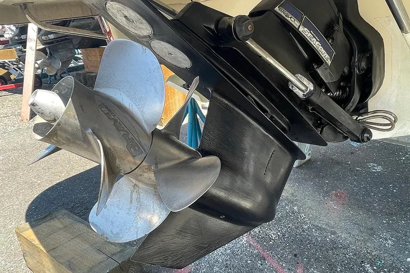 Slide: The Image of Close-up of 2022 Chris-Craft Launch 27 boat propeller and outdrive. - 11