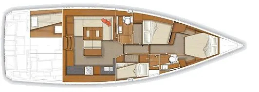 Slide: The Image of 2012 Beneteau Sense 50 yacht interior layout with three cabins, kitchen, and living area. - 23