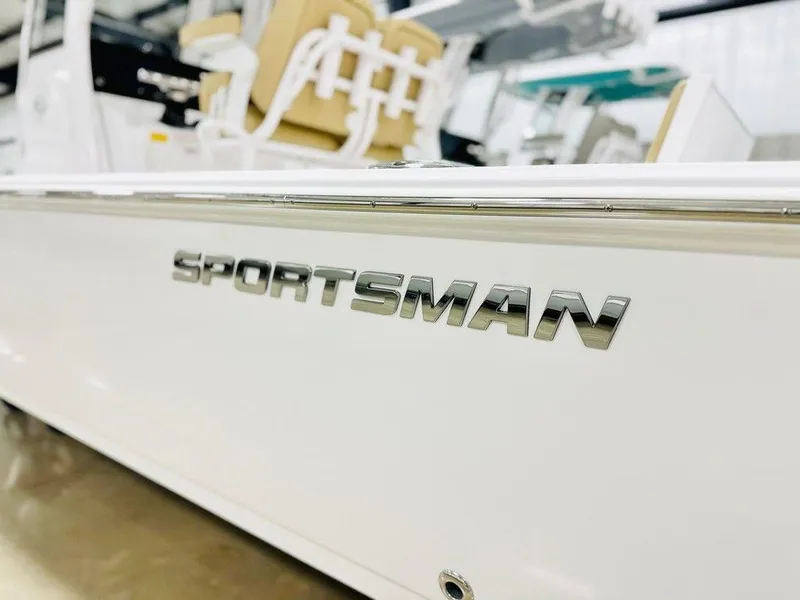 Slide: The Image of 2024 Sportsman MASTERS 247 BAY boat side view with logo. - 16