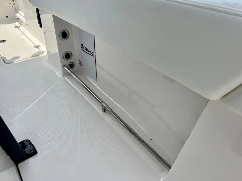 Slide: The Image of 2025 Robalo R250 boat interior detail with white seating and control panel. - 28
