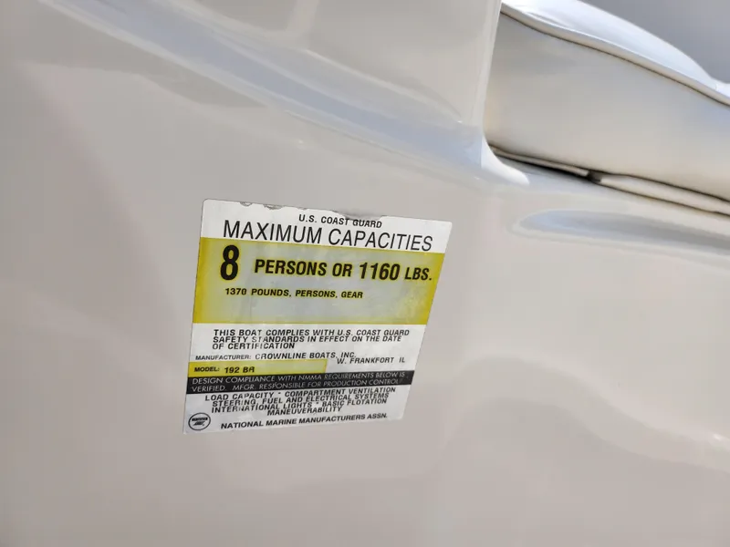Slide: The Image of 2000 Crownline 192 BR boat capacity label, 8 persons or 1160 lbs. - 15