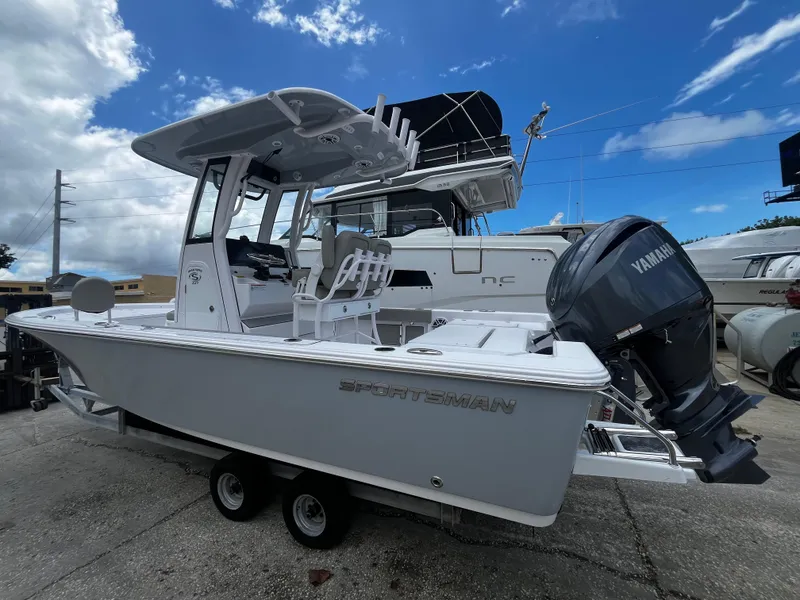 Slide: The Image of 2025 Sportsman Masters 227 Bay Boat with Yamaha engine on trailer. - 5