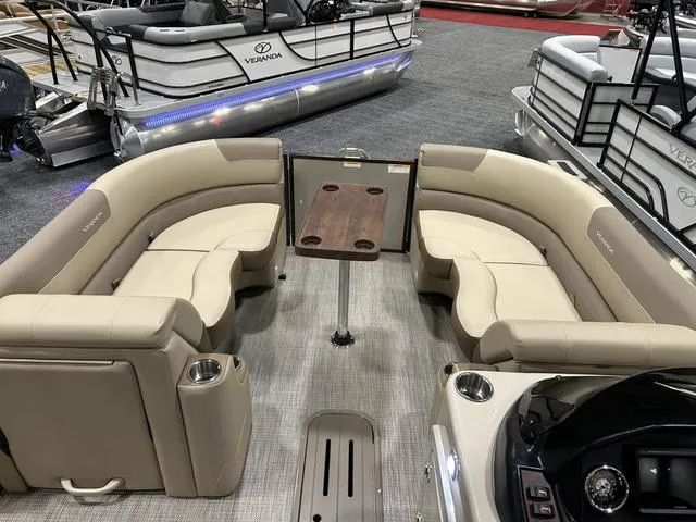 Slide: The Image of 2024 Veranda VR22RFL pontoon boat interior with Yamaha 150 engine. - 7