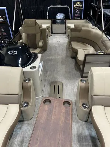 Slide: The Image of 2024 Veranda VR22RFL pontoon boat interior with Yamaha 150 engine, featuring luxurious seating. - 8