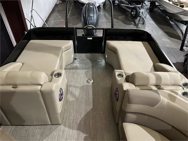 Slide: The Image of 2024 Veranda VR22RFL W/Yamaha 150 interior, featuring luxurious seating and modern design. - 11